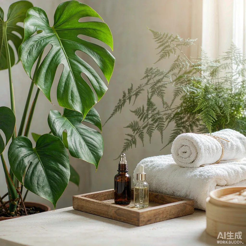 Zen spa corner with plants and essential oils